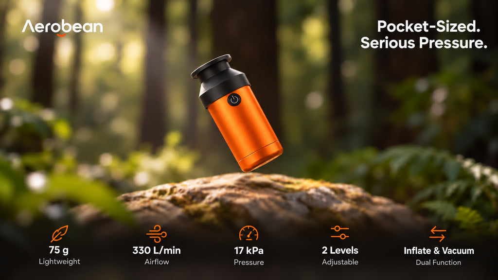 Orange AeroBean mini air pump above a rock in the official Kickstarter campaign video cover