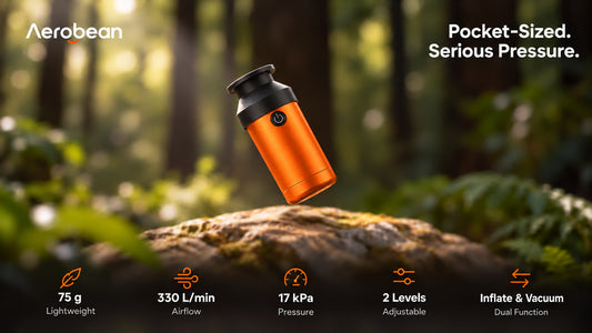 Orange AeroBean mini air pump above a rock in the official Kickstarter campaign video cover