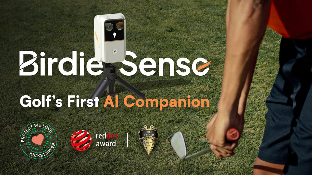 BirdieSense camera device on a small tripod beside a golfer on grass in the official Kickstarter video cover