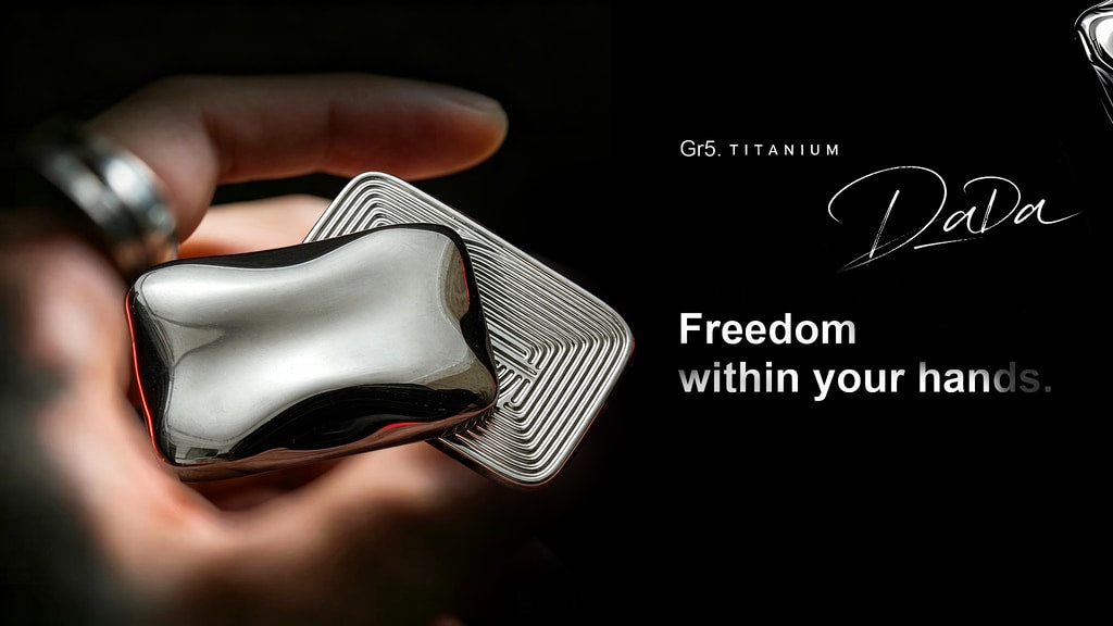 A hand holding polished and grooved DADA titanium slider parts in the official Kickstarter video cover