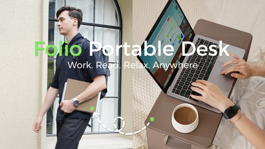 FansDreams Folio official video cover showing a man carrying the folded desk and a laptop on its open tabletop