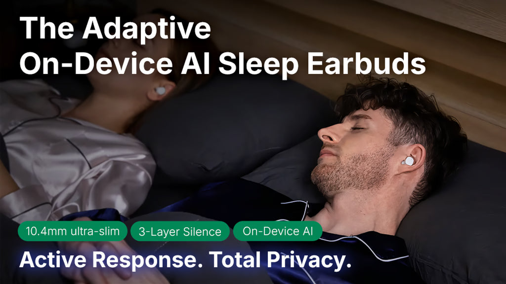 Two people wearing white For Me Buds 2 earbuds in bed in the official Kickstarter campaign video cover
