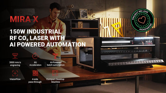 MIRA X laser machine with open enclosure beside an operator in the official Kickstarter video cover