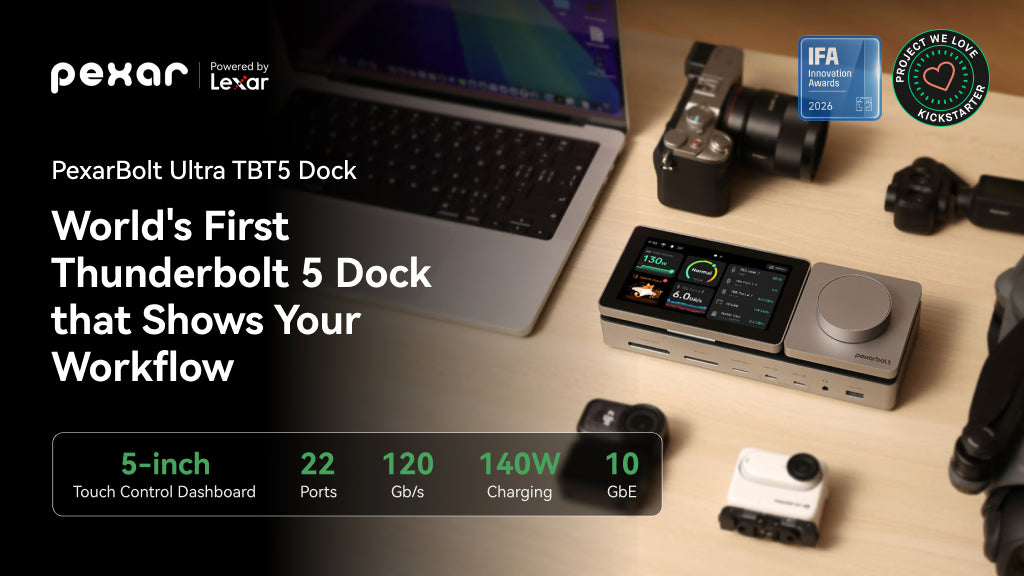 PexarBolt dock with touchscreen and rotary dial beside a laptop and cameras in the official Kickstarter video cover