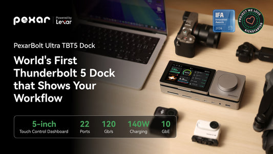 PexarBolt dock with touchscreen and rotary dial beside a laptop and cameras in the official Kickstarter video cover