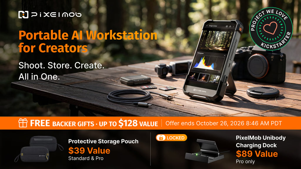 PixelMob portable workstation beside a camera and media cards on an outdoor table in the official Kickstarter video cover