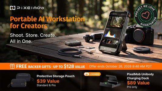 PixelMob portable workstation beside a camera and media cards on an outdoor table in the official Kickstarter video cover