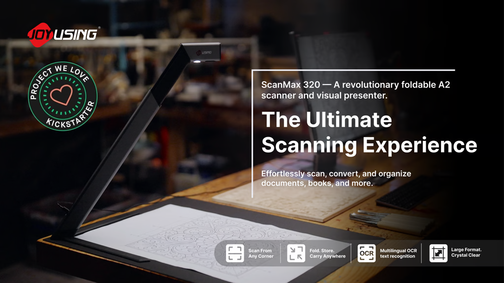 ScanMax 320 foldable document scanner on a desk in the official Kickstarter video cover