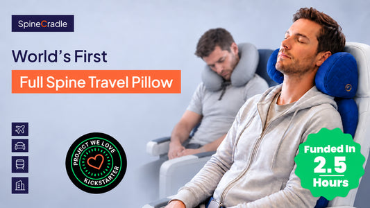 Official SpineCradle campaign cover illustrating seated travelers and the blue full-spine travel pillow; promotional use-case artwork