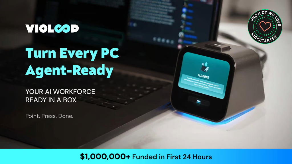 VIOLOOP device with a screen and physical top button beside a laptop in the official Kickstarter video cover