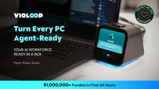 VIOLOOP device with a screen and physical top button beside a laptop in the official Kickstarter video cover