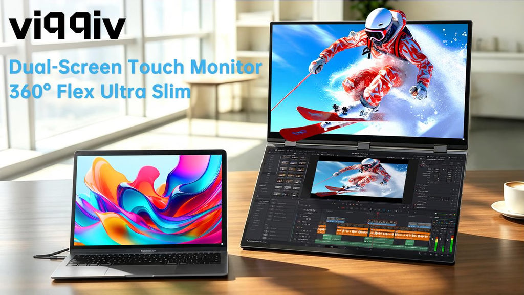 VIQQIV dual-screen touch monitor beside a laptop in the official Kickstarter video cover