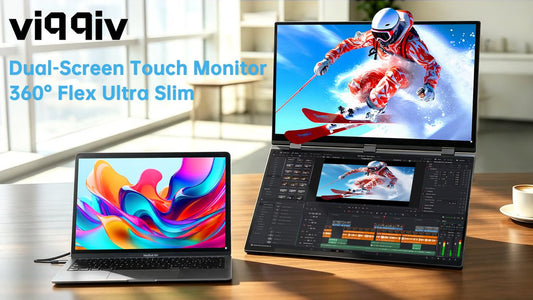 VIQQIV dual-screen touch monitor beside a laptop in the official Kickstarter video cover