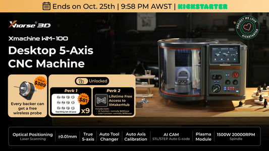 Xhorse3D Xmachine WM-100 enclosed desktop five-axis CNC with touchscreen in the official Kickstarter video cover