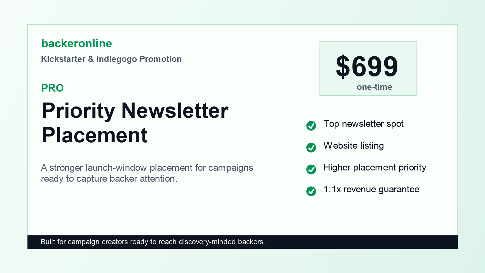 Pro promotion package for Kickstarter and Indiegogo priority newsletter placement
