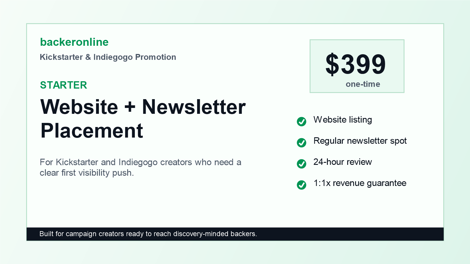 Starter promotion package for Kickstarter and Indiegogo campaign listing and newsletter placement